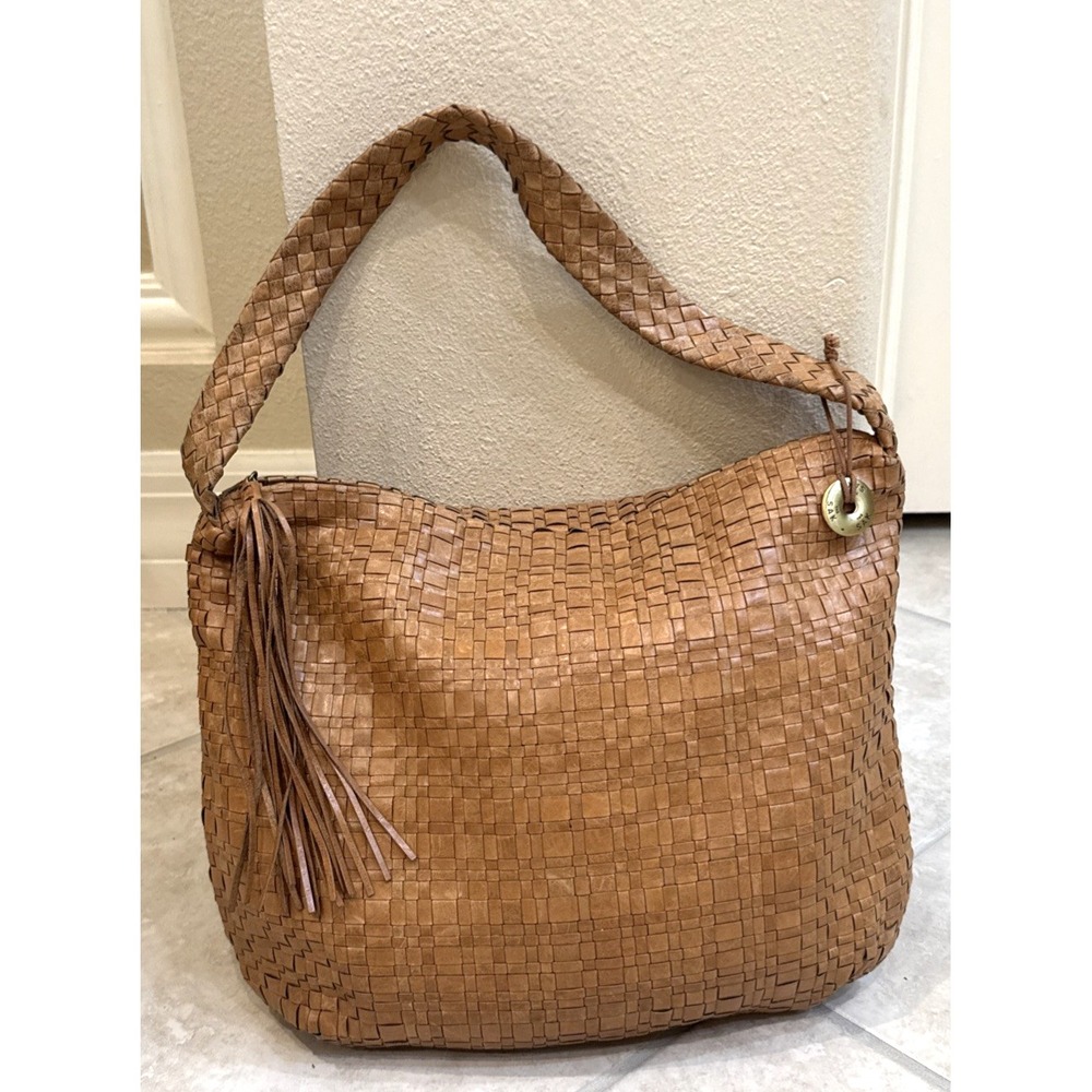 The Sak Brown Woven Leather Basketweave Shoulder Bag Purse 14.5x11 Tassel *See